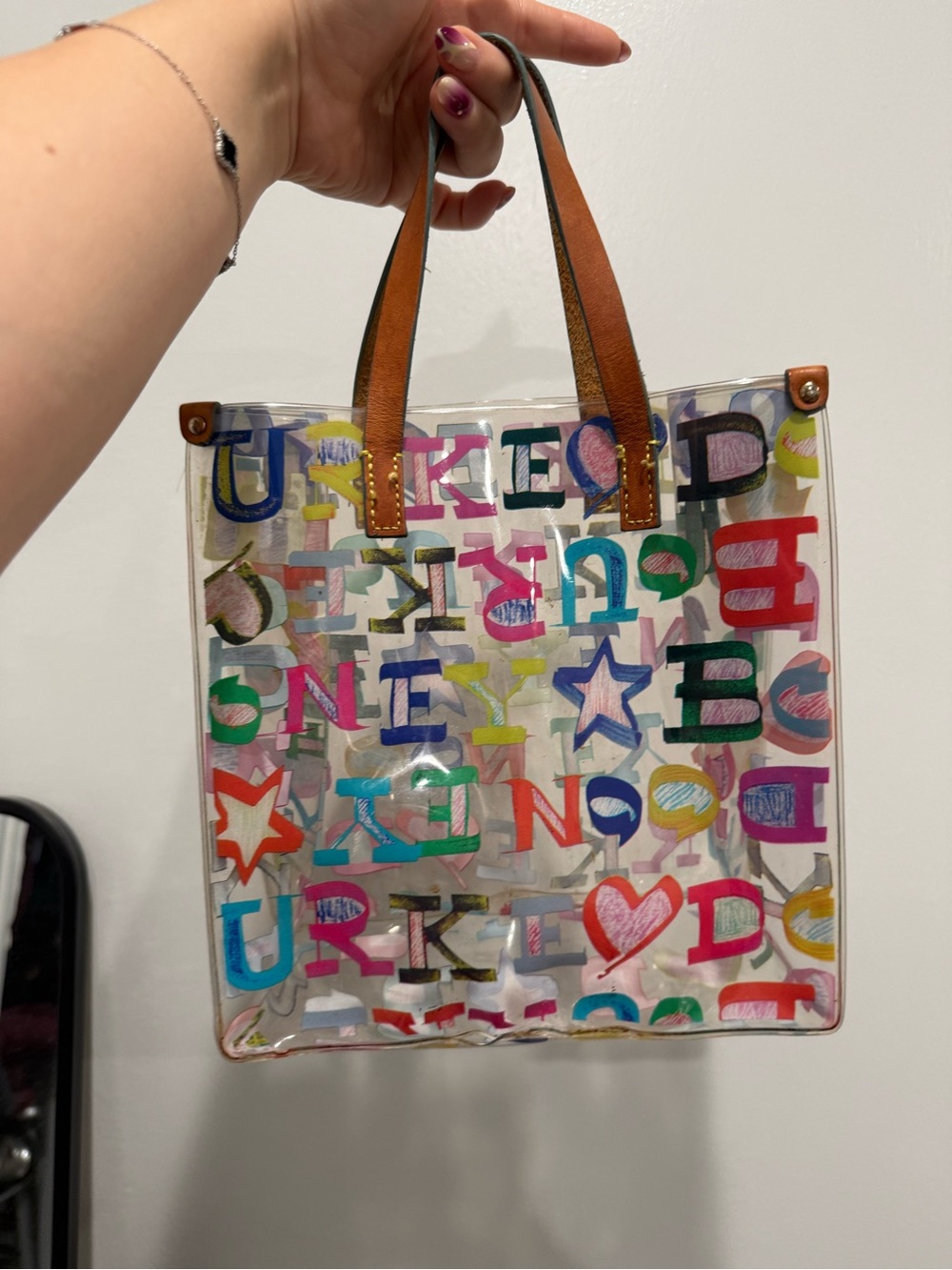 Dooney & Bourke Clear Multicolor clear Letter Print Tote with Brown Handles - Picture 4 of 6